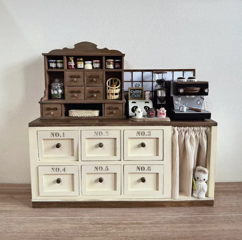 

Restoration-Style Mini Set: Hand-Distressed Sideboard + Drawer Chest - Authentic 1:6/1:12 Cottage Core Furniture Kit