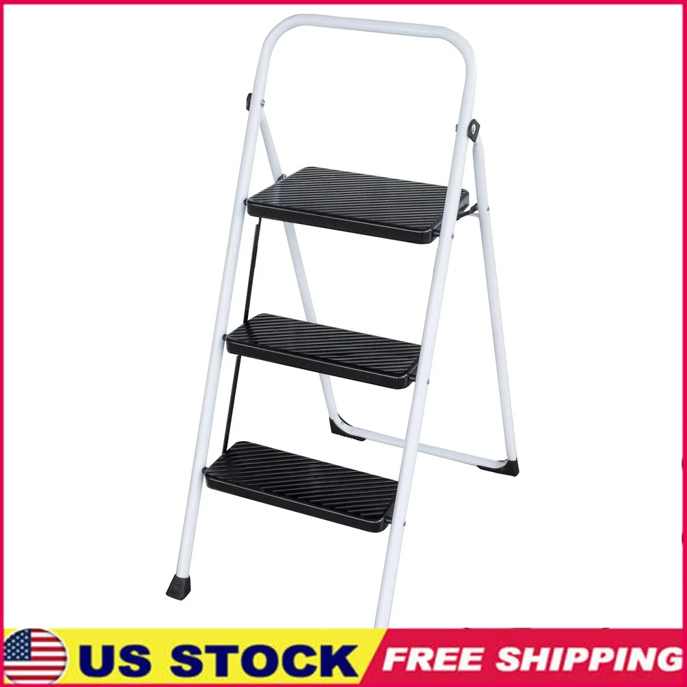 

Three Step Folding Utility Step Ladder Compact Design Durable Metal Frame Non Slip Plastic Steps Easy Grip Handle Home
