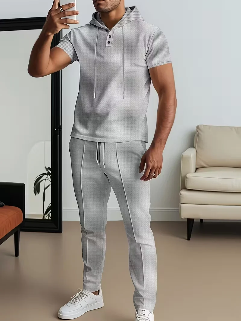 Men's Spring and 2026Autumn Top New Solid Color Button Pocket Shirt Men's Casual Shirt Short Sleeve Pants Set view 2