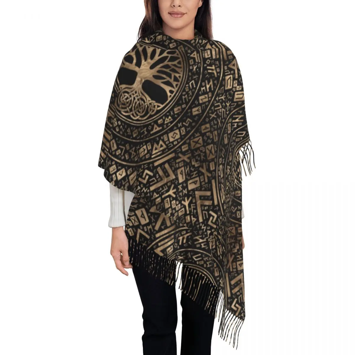 

Tree Of Life Yggdrasil Runic Pattern Tassel Scarf Women Soft Viking Norse Symbol Shawl Wrap Lady Winter Scarves