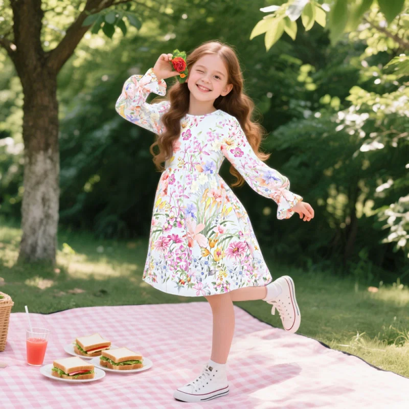 2025 Girls' Long-sleeved Floral Print Dress - Cute and Casual Children's Picnic Style Kids' Clothing