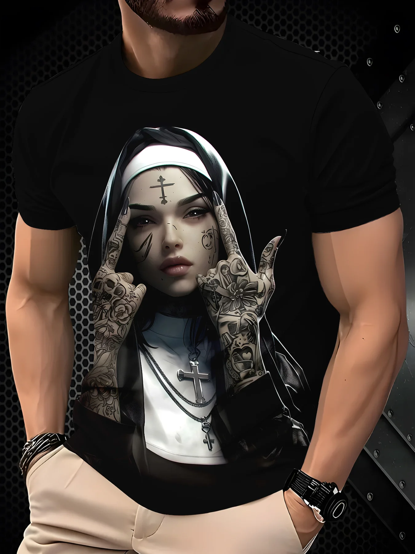 Black Base Tattoo Nun Contrast Style Print T-Shirt, Men'S Rebellious Gothic Casual Short Sleeve Top