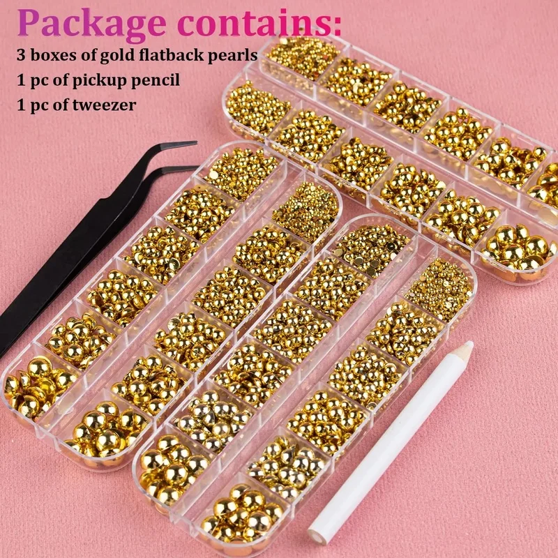 3 Box Flatback Nail Art Pearls Kit Golden Silvery White Beige Small Half Round Pearl with Pickup Pencil and Tweezer Makeup Beads
