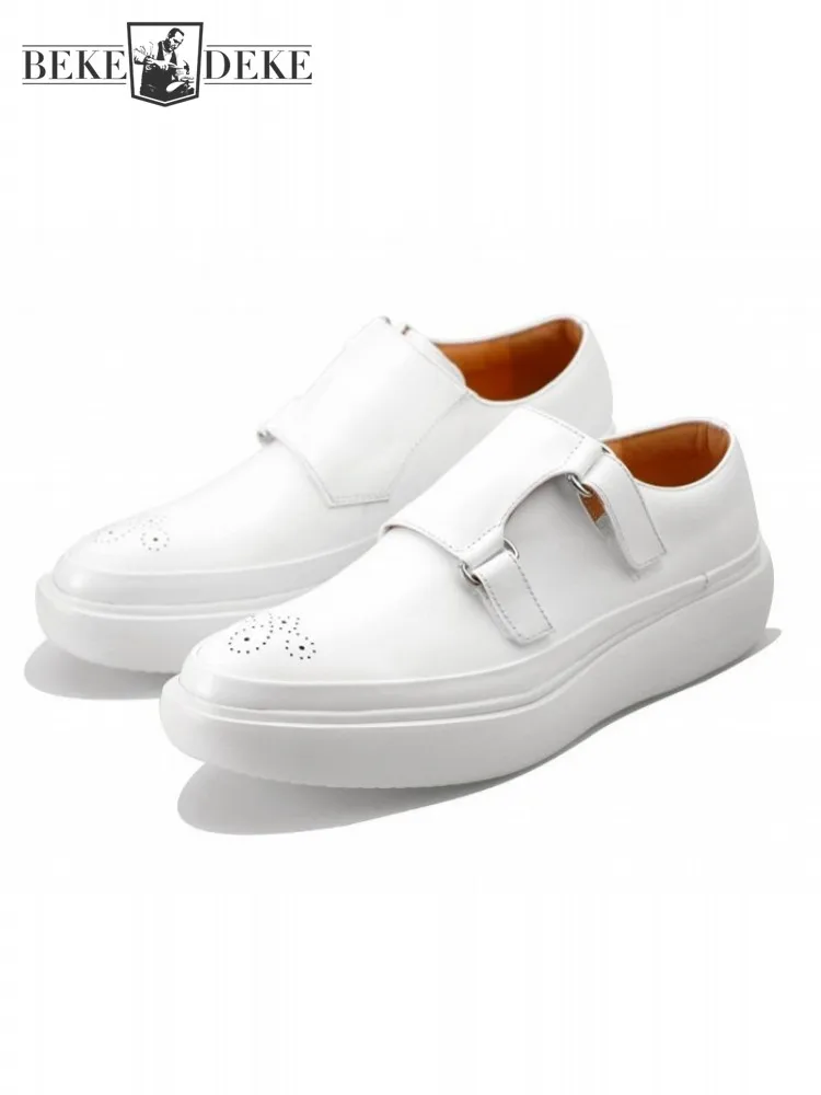 Handmade Mens White Genuine Leather Shoes Size 45 46 Spring Breathable Hook Loop Platform Casual Shoes Male Customized 7 Days