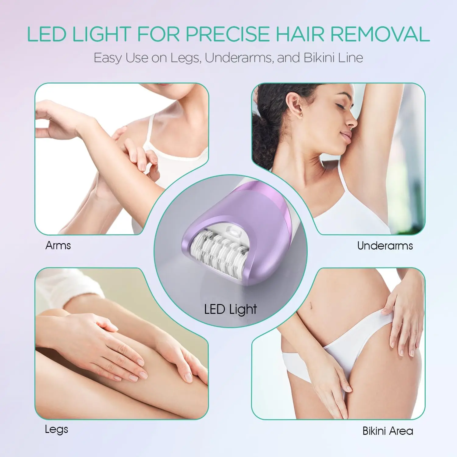 Cordless Epilator for Women, 3-in-1 Rechargeable Hair Removal Device with 30 Tweezers, Wet & Dry Use, Purple BM300