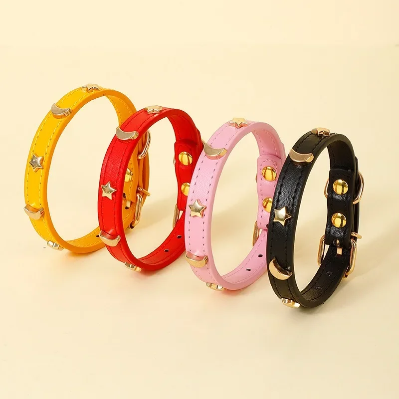 Cute Cat Collar Soft Leather Pet Collars For Small Dog Kitten Puppy Necklace Cat Accessories  Star Moon Rivets Decoration XS-M