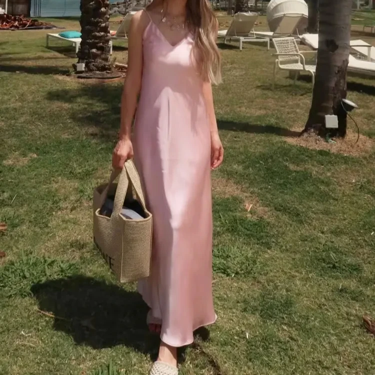 ผู้หญิงฤดูร้อนคราบสีเหลือง V คอชุดสลิง Elegant หลวม Maxi Robes 2025 ใหม่สุภาพสตรี Holiday Dresses