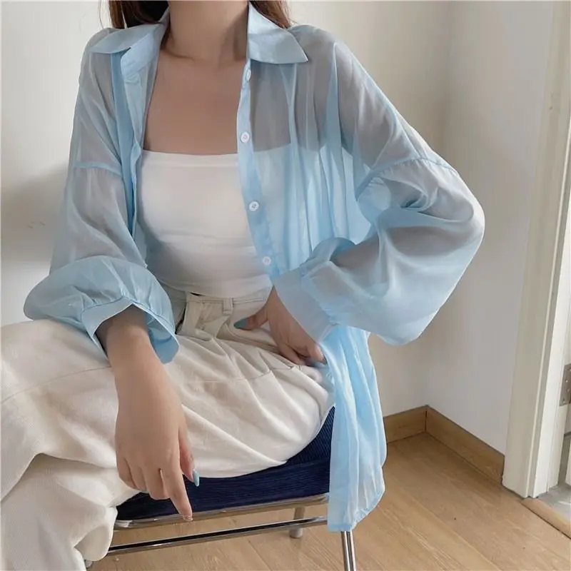 Shirt for Women Long Sleeve Top Blouse Female Chiffon Loose Summer Cardigan Thin Sexy Solid Color Casual Shirt Outerwear