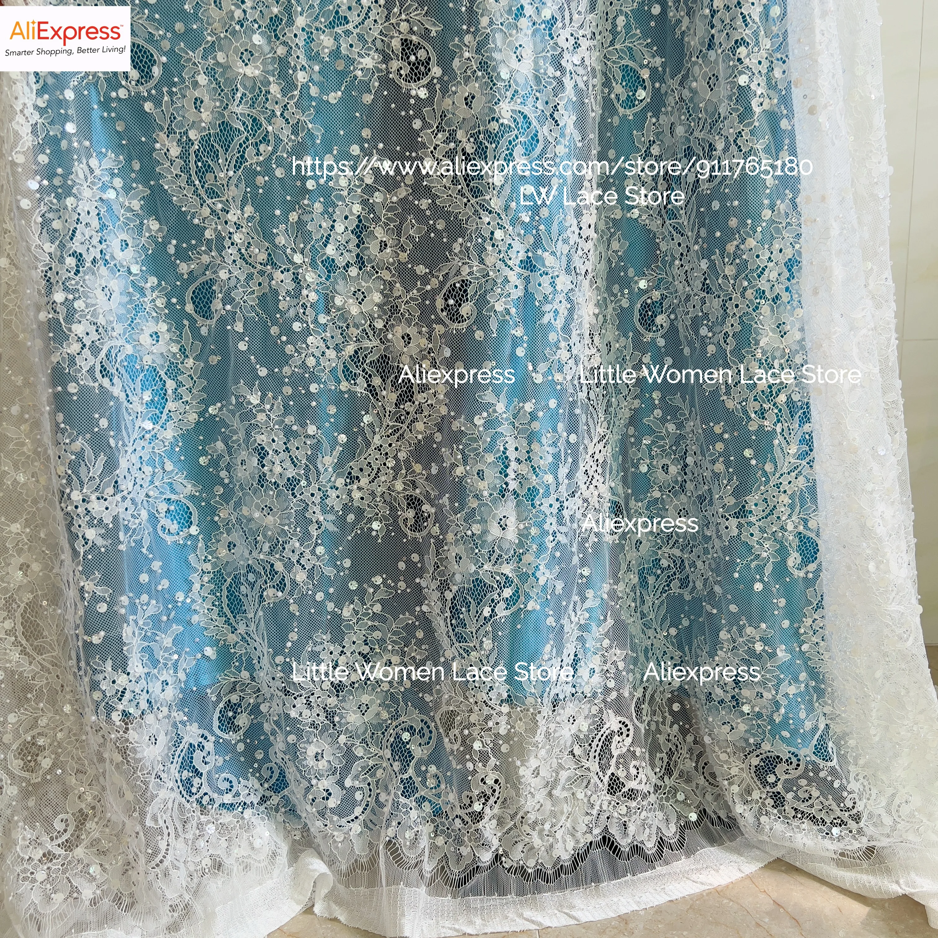 1.5M Wide 3M Long French Chantilly Lace with Beads Sequins Off White Beading Lace for Wedding Gown 2024 Latest Luxury Laces