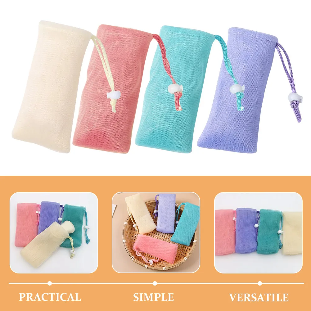 4Pcs Soap Foaming Net Bag Exfoliating Mesh Pouch with Drawstring Hanging Loop for Travel Shower Handmade Facial Fruit