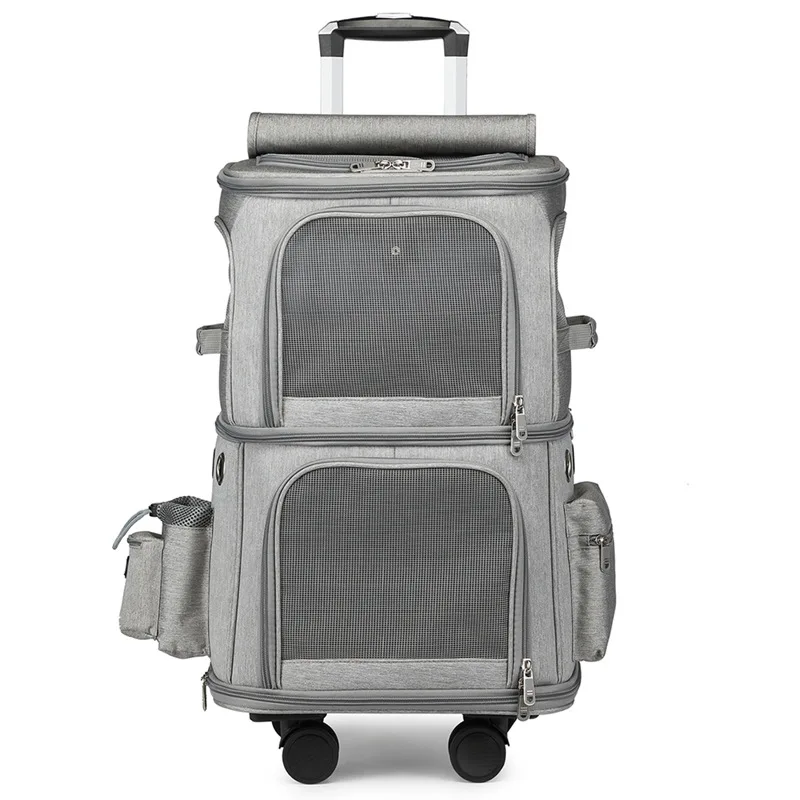 2-Cat Twin Pet Stroller Nylon and Oxford Pet Carrier with Wheels Travel Bag Featuring Animal Print Pattern and Zipper Closure