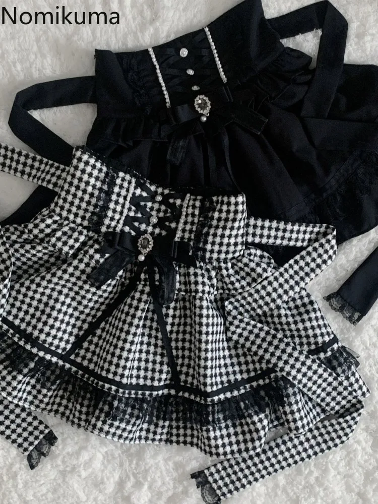 تنورة منقوشة من Faldas Mujer De Moda لعام 2025 للنساء تنانير يابانية حلوة بخصر عالٍ بفيونكة لطيفة مطرزة بالخرز على شكل حرف a تنانير صغيرة