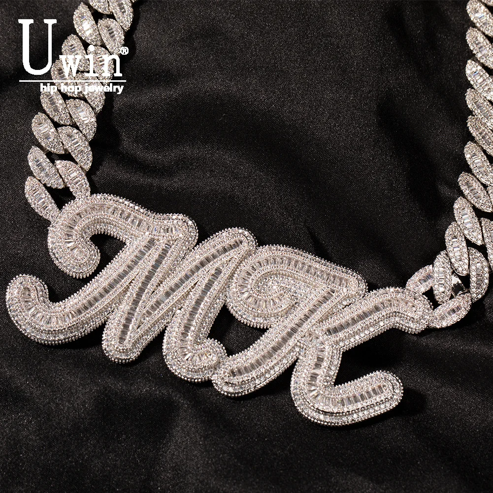 

Uwin Custom Letters Pendant Welding 16mm Moon Cuban Chain Iced Out Baguette Cubic Zircon Name Necklace Fashion Rapper Jewelry