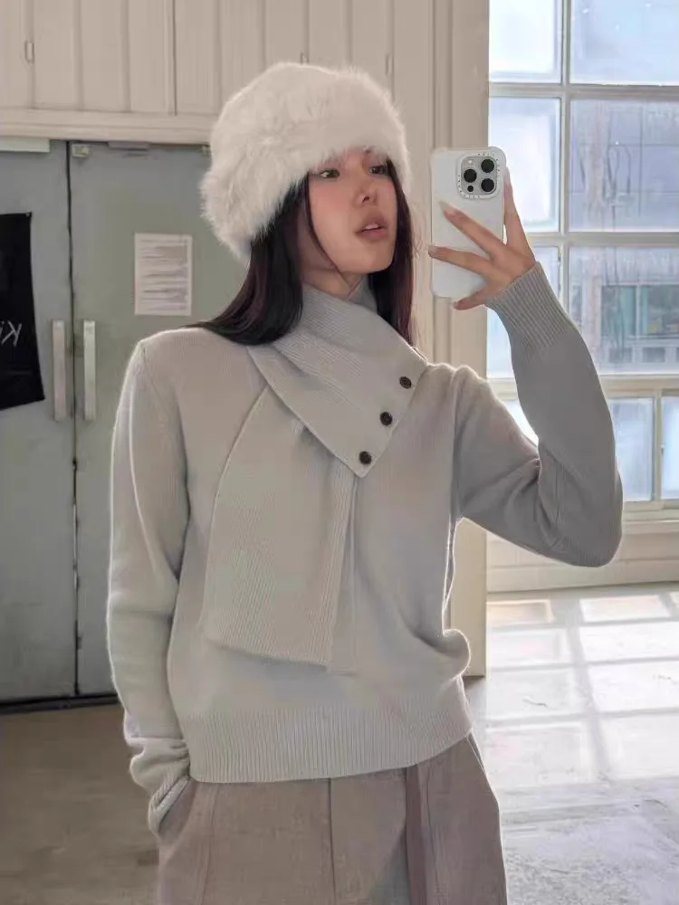 

e Вязаный свитер, шарф, съемный настоящий двухсекционный женский зимний модный мягкий шерстяной длинный свек, высокий воротник, стандартный крой