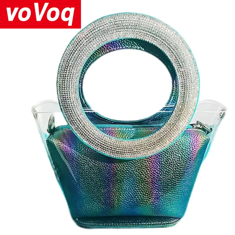 Pvc Transparent Composite Bag Luxury Rhinestone Round Hand-held Bing Women's Wedding Business Party Handbag