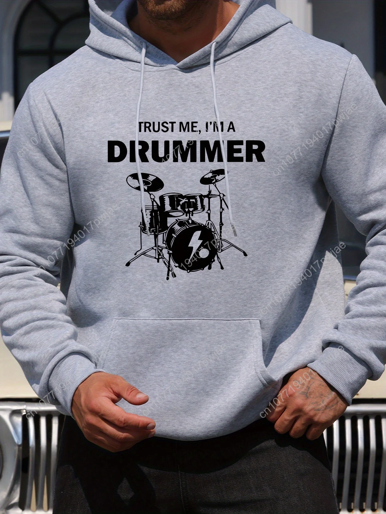 [Felpa con cappuccio grafica da uomo] Felpa con cappuccio grafica casual "Trust Me, I'm a Drummer" da uomo - Comodo pullover a maniche lunghe con coulisse,