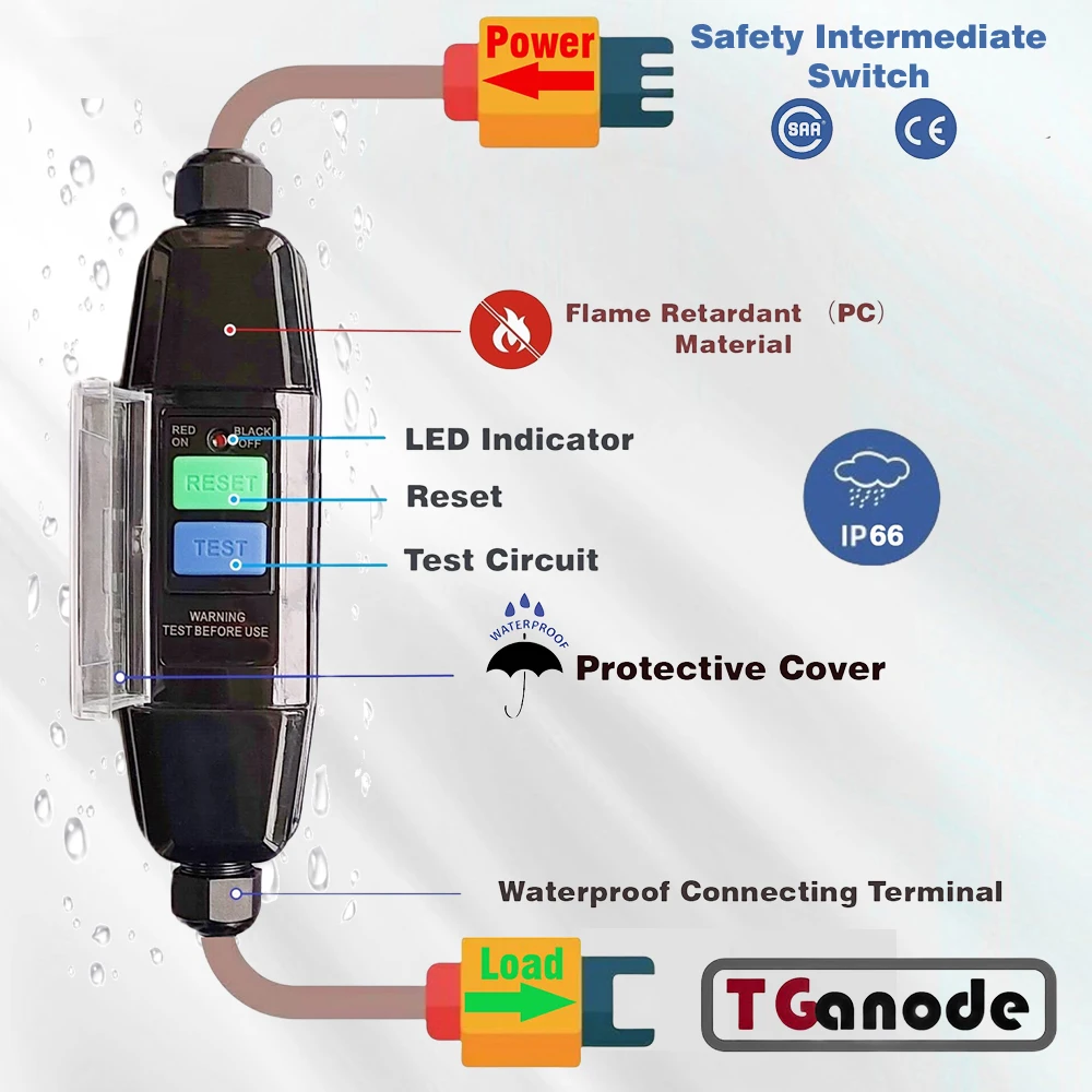 Inline RCD Connector,PRCD Intermediate Safety Switch,Residual Current Protection Anti-Electric Shock For Outdoor,Power Tool,IP66