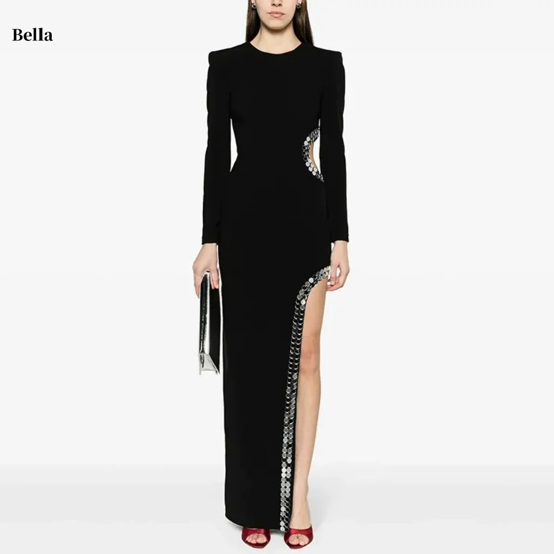 

Bella Customized Black Crew Neck Long Sleeve Sequin Trim Cutout High Slit robes de soirée Slim-fit Elegant Party Dresses Maxi
