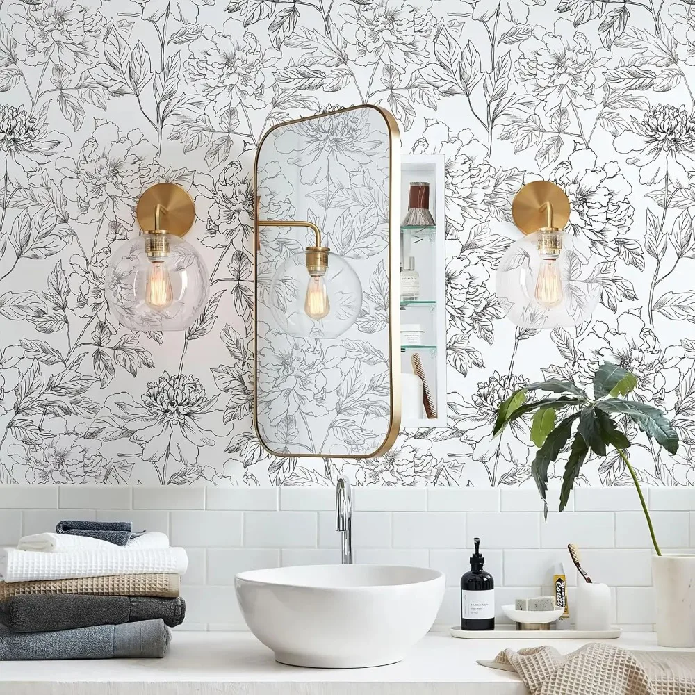 ورق جدران قابل للإزالة بالزهور باللونين الأبيض والأسود، مقاس 17.3 × 800، تصميم الفاوانيا المطلي لسهولة تزيين الجدران