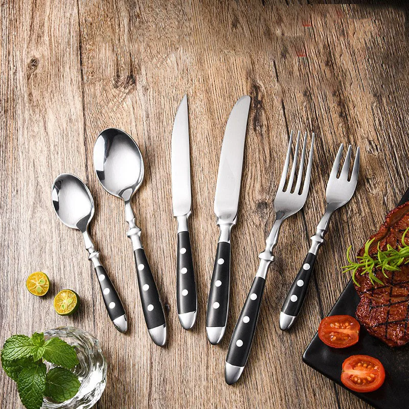 

Black Western Stainless Steel Cutlery Sets Restaurant Knife Fork and Spoon Set Table Full Dining Service Steak Knife Teaspoon