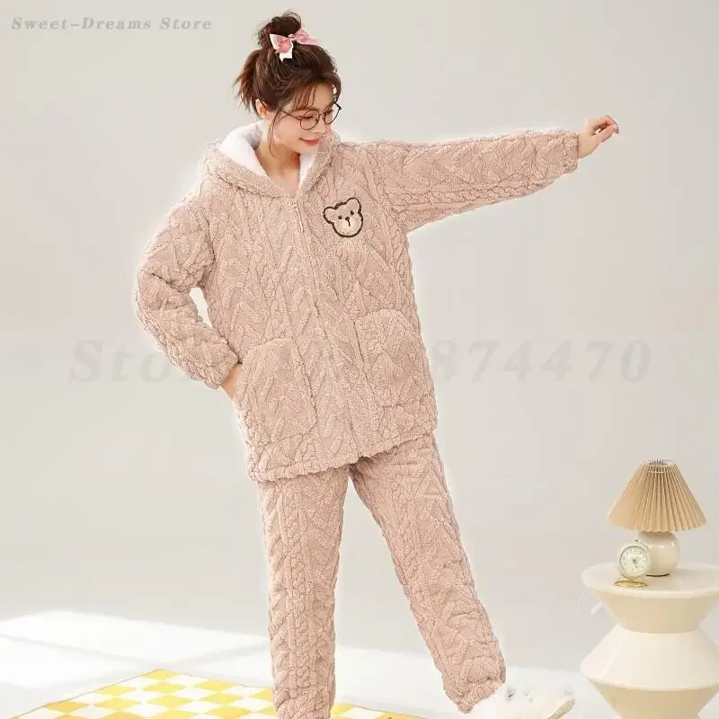 Warm Flannel Trouser Pijamas Suit with Pocket Winter Female Thickened Pajamas Set Coral Fleece Hooded Sleepwear Loose Home Wear