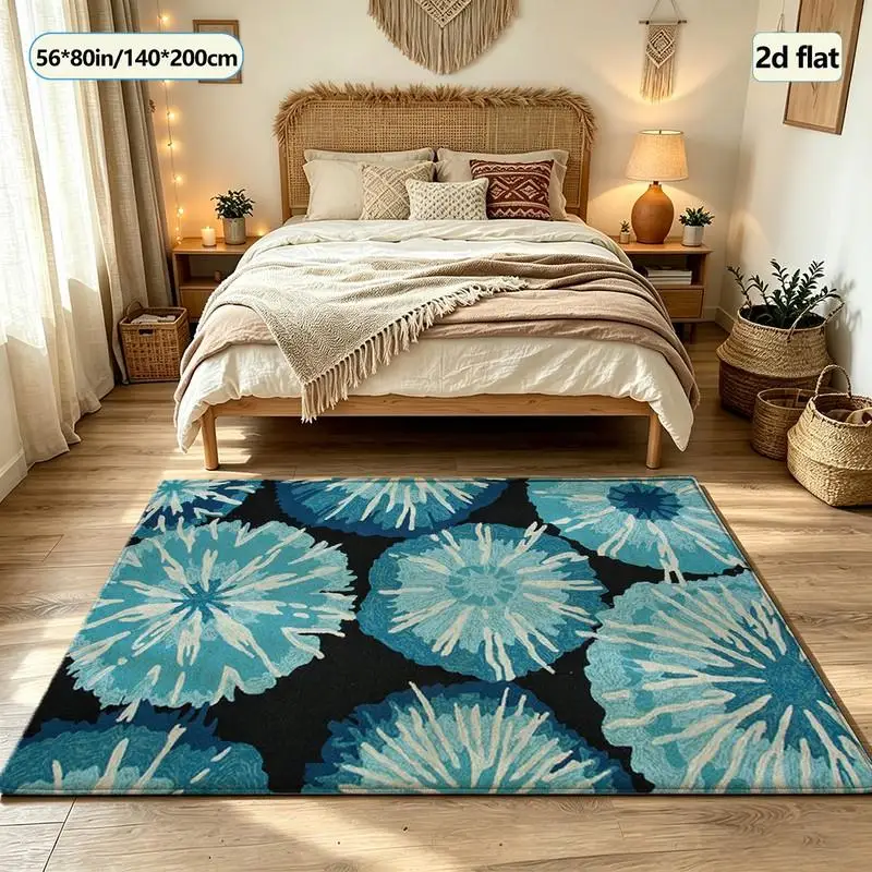 Bright Blue Floral Plant Print Carpet Floor Mat for Home Living Room