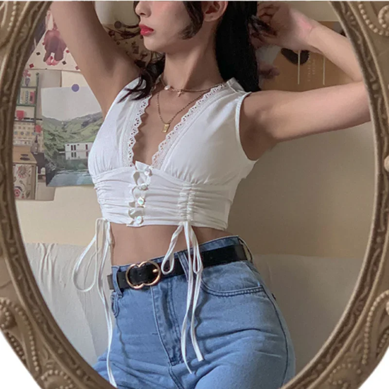 New Fashion French Style Romatic Slim Irregular Tank Tops Drawstring Sexy Deep V-neck Crop Tops 2024 Summer Clothes for Women