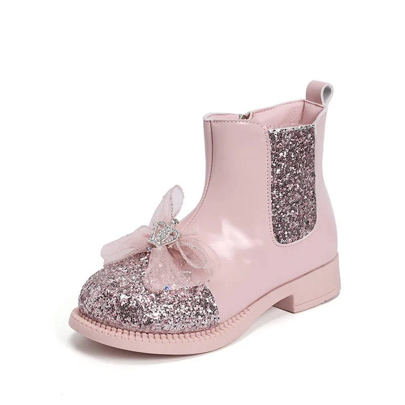 Girls Short Boots Spring Autumn Versatile Kids Boots Shiny Bow Crown Soft Princess Shoes Spring Autumn New 2023 New Elegant Chic