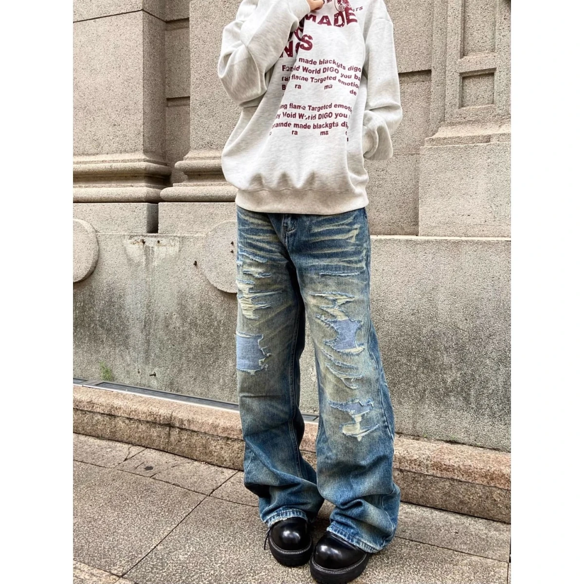 

American Style High Street Vintage Hole Denim Jeans Men Trendy Brand Handsome Street Loose Pants Couple Straight Loose Pants
