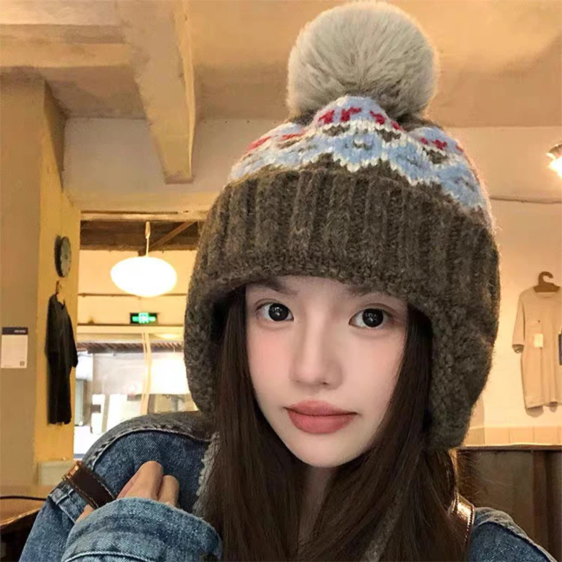 Fair Island Style Retro Jacquard Knitted Beanies Cap For Women Autumn Winter Warm Versatile Cute Pom-pom Strap Pullover Hat