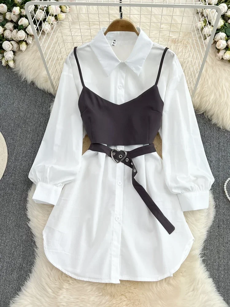 Women Spring Autumn New Vintage Hong Kong Style Temperament Waist Slim White Shirt Dress Two Piece Strap Vest D3094