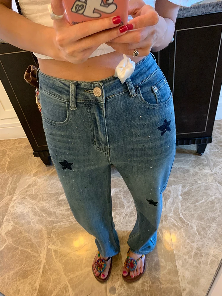

High Waist Straight Leg Embroidered Jeans Women's Design Sensation Pants Summer Season Deep Color Machine Embroidery Jeans