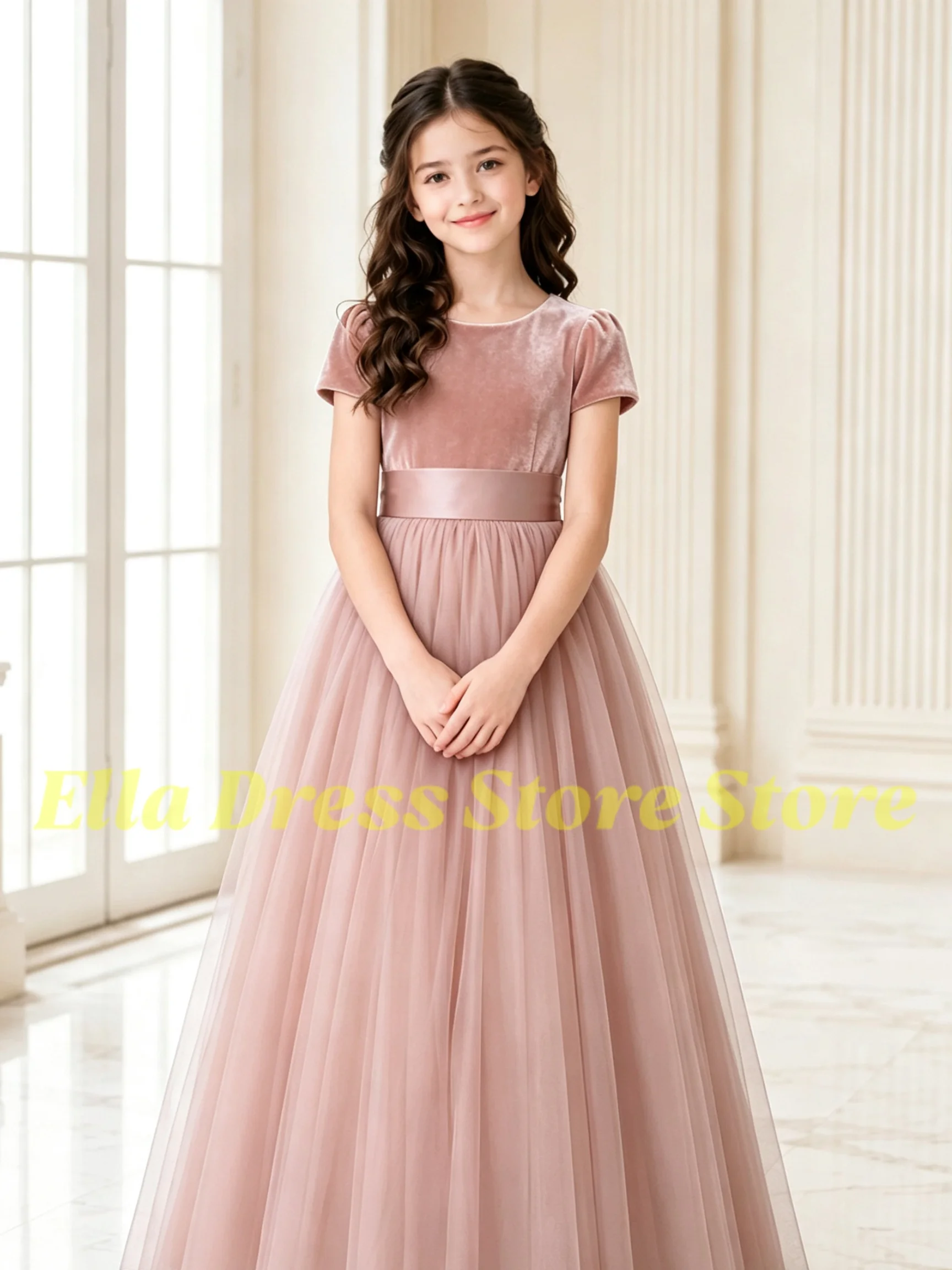 Maßgeschneidertes Blumenmädchenkleid für Hochzeiten, Kurzarm, Hohe Taille, Bodenlang, Elegantes Kinder-Geburtstagskleid, Erstkommunionkleid – Detail 6
