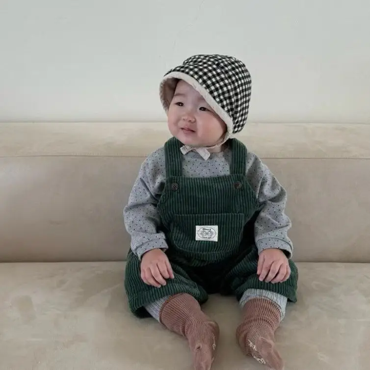 2025 outono novo bebê macacão de veludo meninas bonito vintage calças casuais infantil menino versátil cinta calças da criança macacão