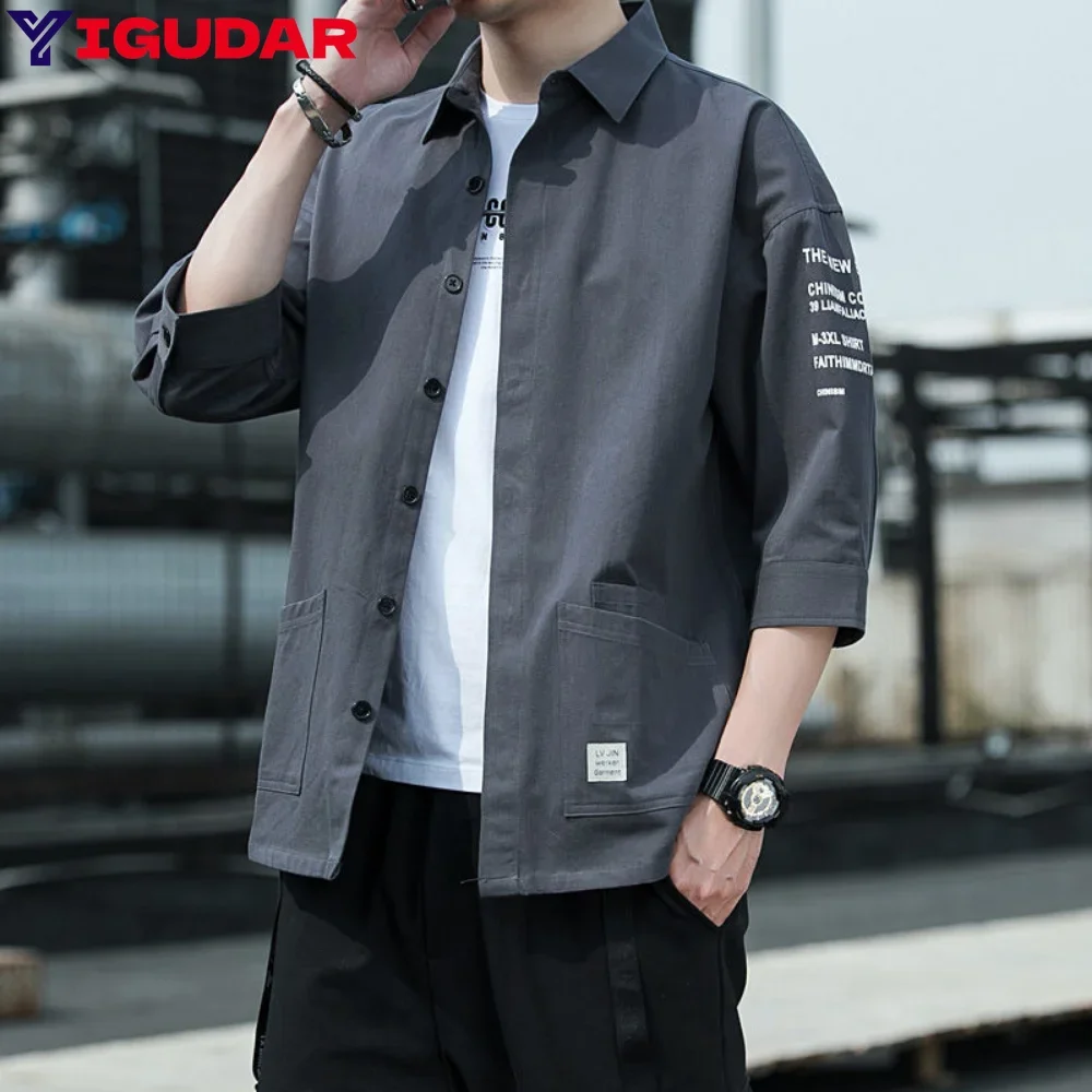 

Shirts Men Clothing Fashion Mid-Length Sleeve Summer Korean Style Loose All-match Cargo Handsome Homme Solid Tops Harajuku