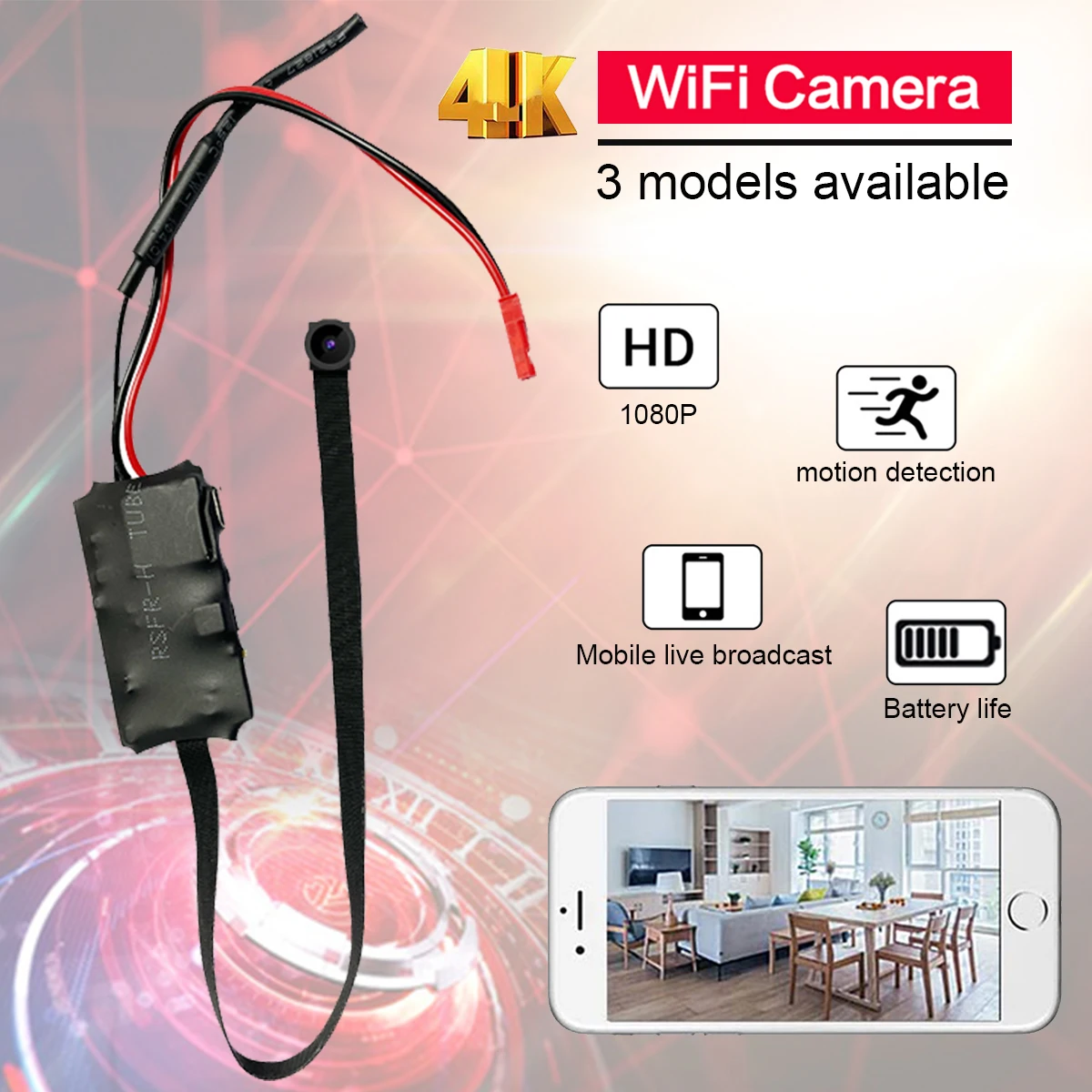 4K home DIY wireless WiFi 2.0MP camera supports real-time live broadcast via smartphone app. 1080P image quality. 3 models avail