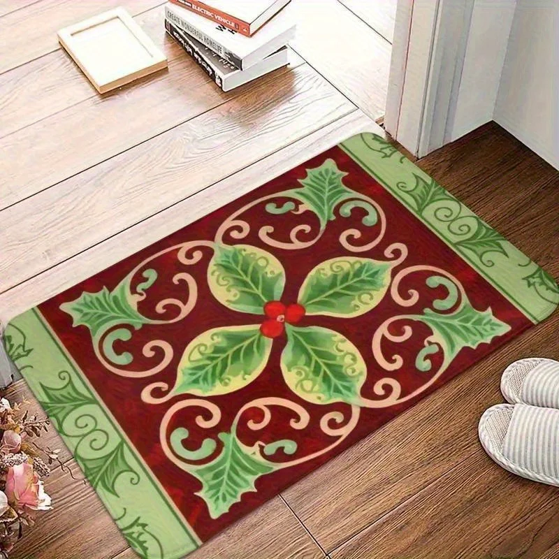 Vintage Green Leaf Doormat - Non-Slip Rubber Sole, Absorbent Quick-Dry Flannel Fabric, Machine Washable Indoor/Outdoor Mat for C