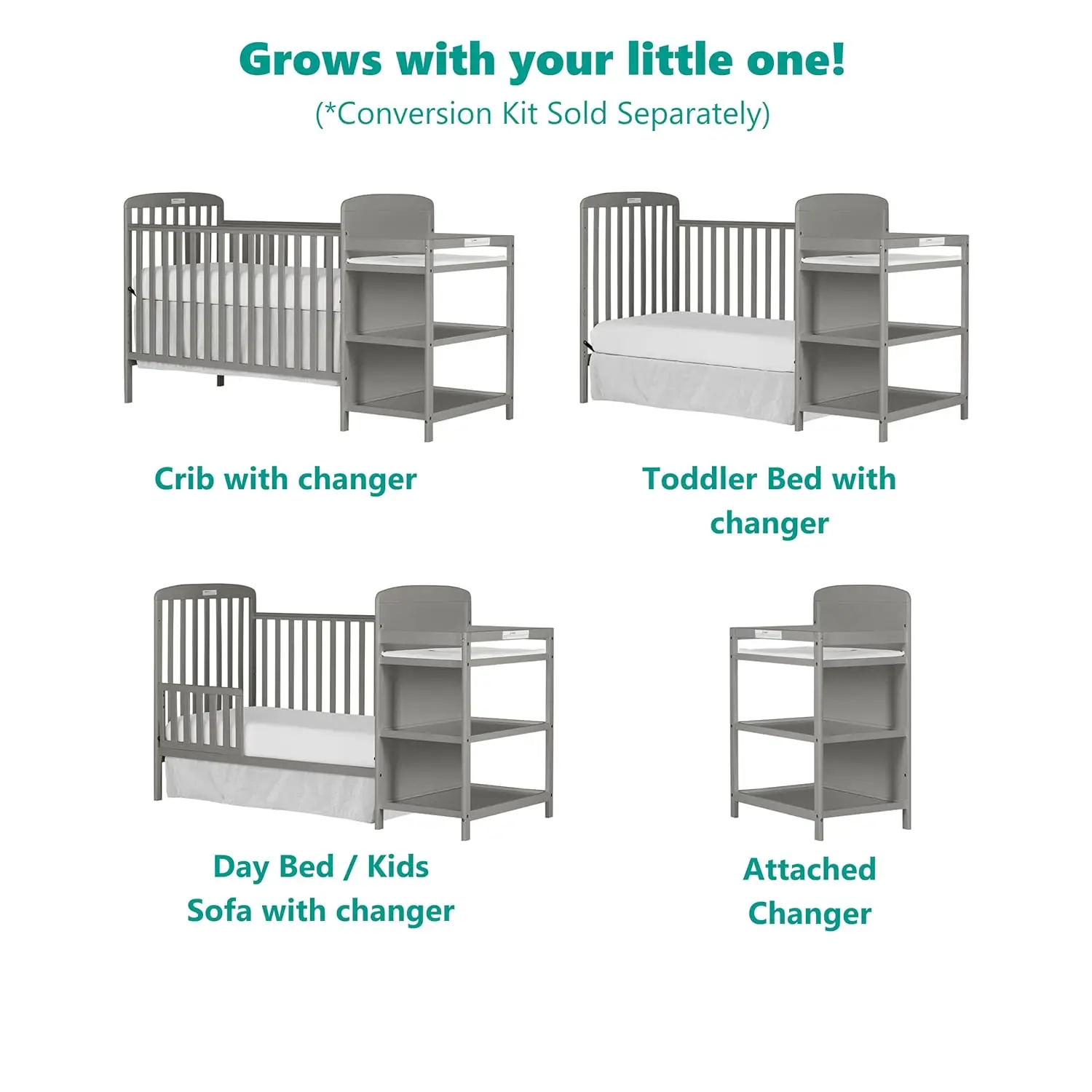 Dream On Me Anna 3-in-1 Full-Size Crib and Changing Table Combo in Steel Grey, Greenguard Gold Certified, Non-Toxic Finishes,