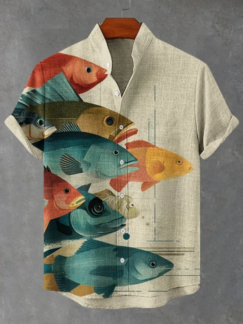 

Men's Retro Fish School Print Shirt Short Sleeve Linen Stand up Collar Cardigan Summer Casual Breathable Vacation Top