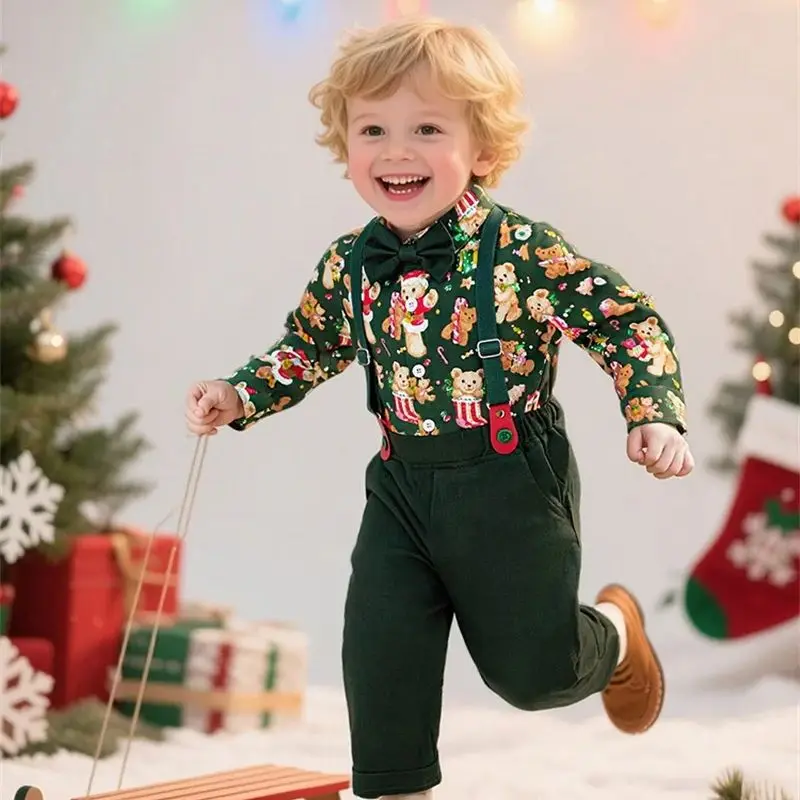 أطقم ملابس عيد الميلاد سانتا كلوز للأطفال الأولاد بأكمام طويلة وربطة عنق مع بنطال للأطفال ومهرجان عيد الميلاد والعام الجديد #1