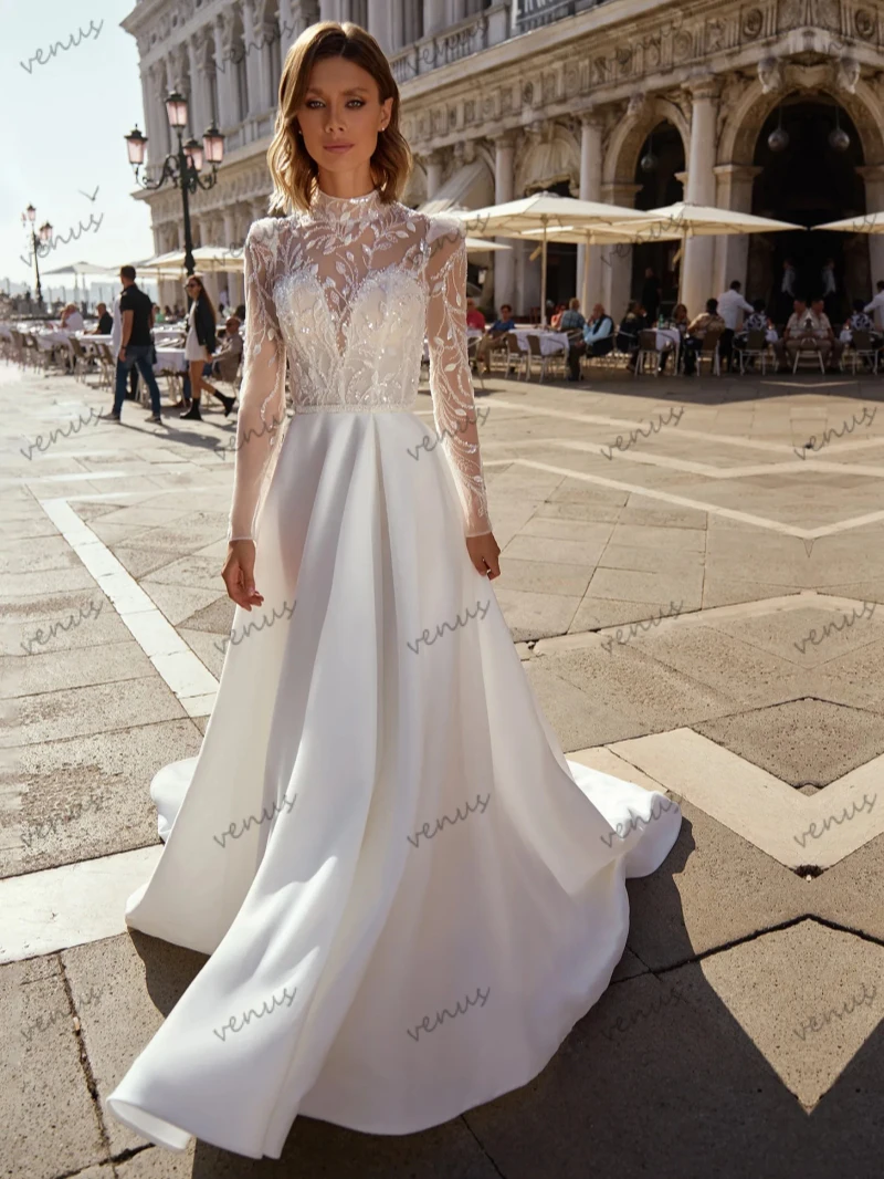 Suknie ślubne w stylu vintage satynowe suknie ślubne aplikacje pełne rękawy szaty na formalne przyjęcie na szyję Vestidos De Novia dostosowane