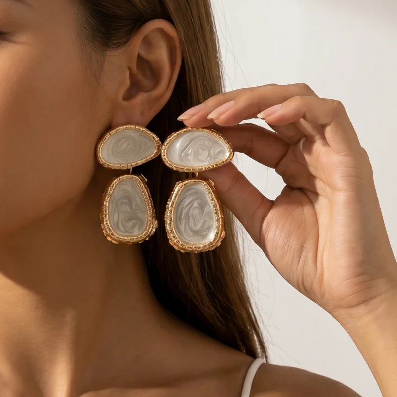 Bold Pink/White Enamel Double Layer Dangle Earrings Gold Edge Abstract Chic Eye-Catching Earrings For Women Wedding & Daily