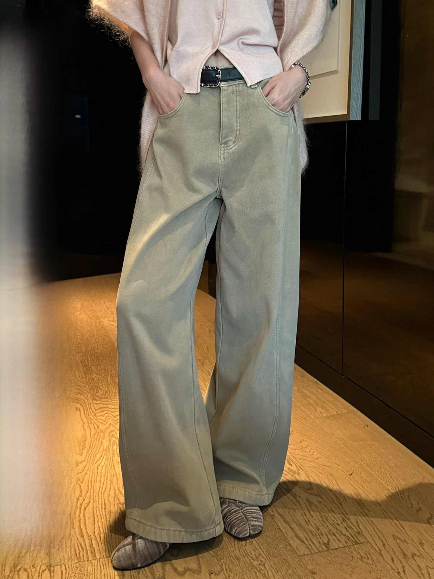 

Женские джинсы с высокой талией, широкими штанинами, на флисовой подкладке, цвета хаки, в стиле ретро, из хлопка, с застежкой-молнией, цветные