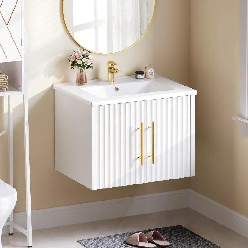 

24" Small Bathroom Vanity with Sink Combo Set, Wall Mounted Cabinet with Ceramic Sink, Modern Floating Bathroom Cabinet