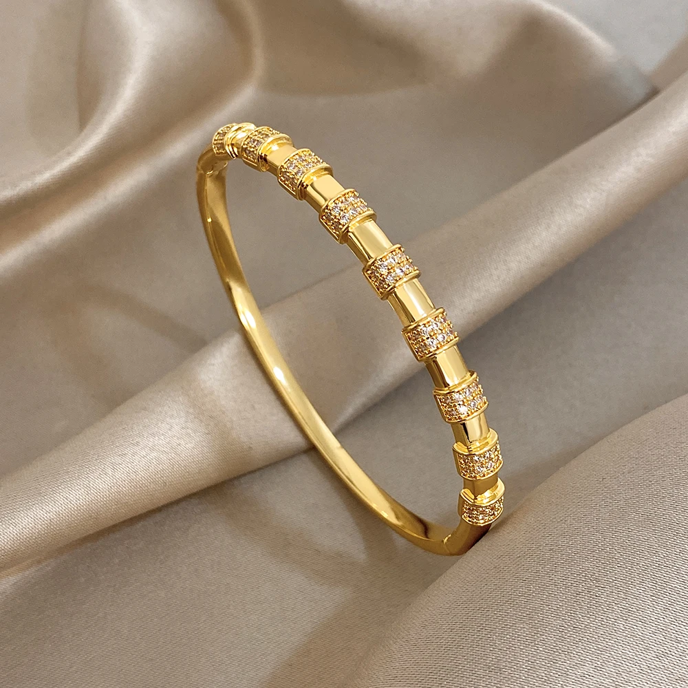 Luxury Bamboo Rhinestone Circle Cuff Bangle Bracelets for Women Gold Plated Copper Wristband Stacked Wedding Jewelry Gifts
