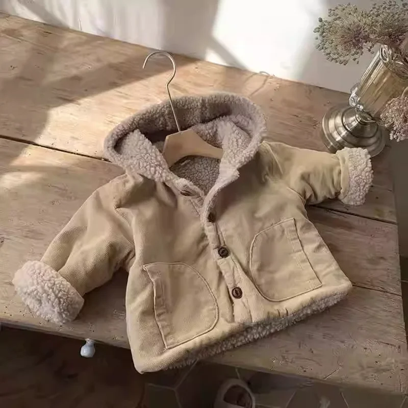 Korean Children\'s Clothing Autumn and Winter New Item Thick Lamb Wool Hooded Short Jacket