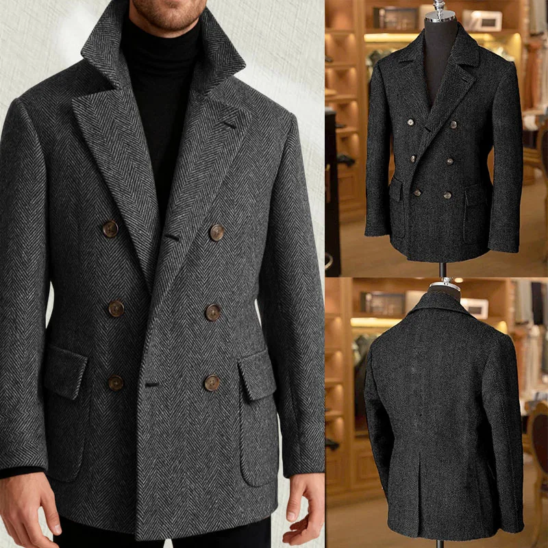 

Autumn Grey Men's Coat Herringbone Double Breasted Windproof Warm Jacket Business Casual Plus Size Tailored Man Blazer