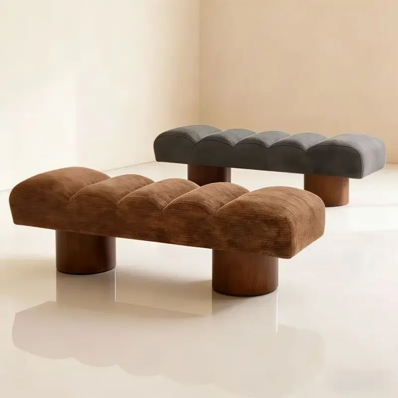 aMid Century Retro Corduroy Channel Tufted Bench Thick Round Wood Pillar Leg Long Stool Bedroom Foot End Hallway Accent Bench