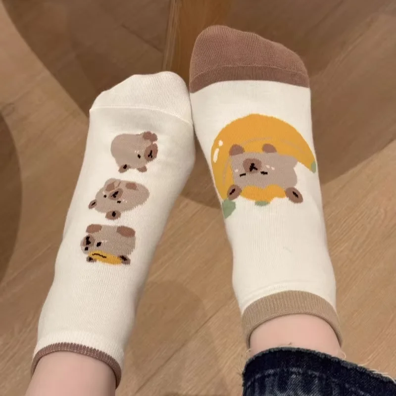 5 Pairs Cute Capybara Women'S Knee-Length Socks, Cartoon Knit Fabric, Summer Thin Low Cut Japanese Style Socks, Machine Washable image 2