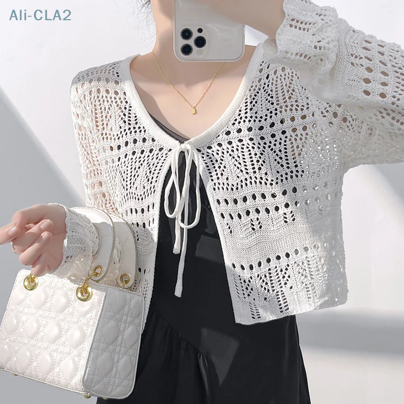 Lightweight Summer Cardigan For Women Spring Crochet Cardigan Sweater Boho Open Tie Front Tops Long Sleeve Knit Crochet Cardigan